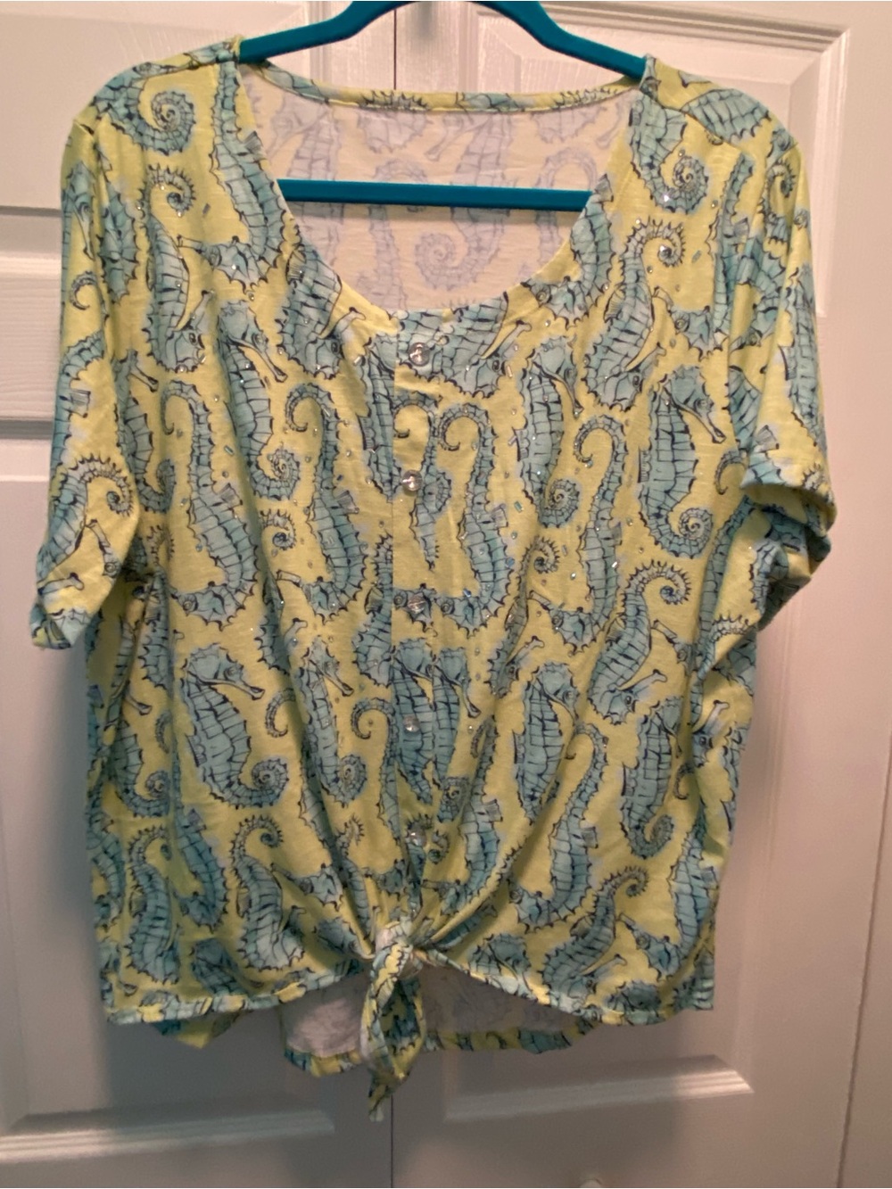 Blue Green Seahorse Pattern w/Embellishments Yellow Background possible size L